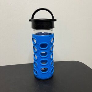Lifefactory Glass Water Bottle Blue Silicone Sleeve Black Cap 12 oz